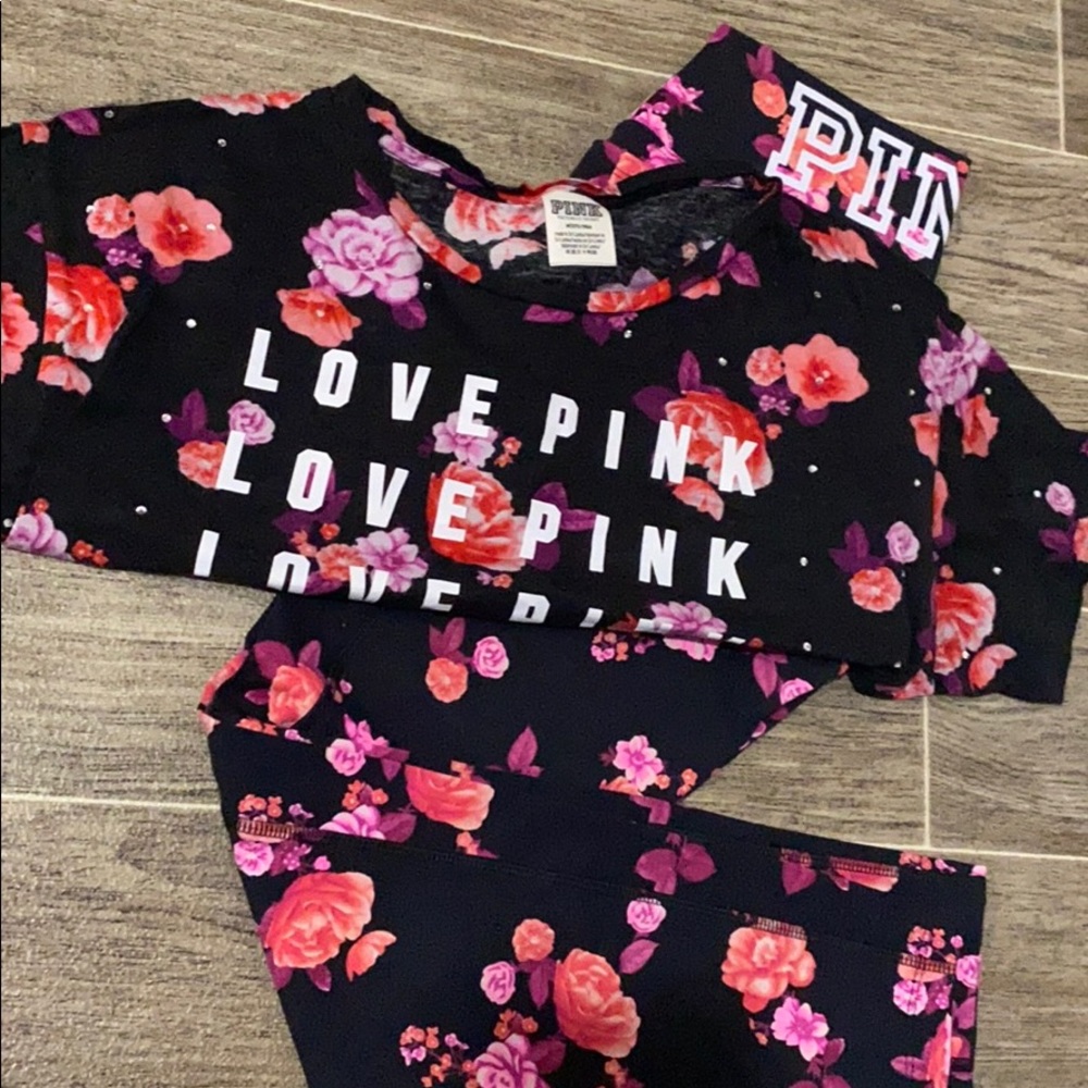 pink leggings with matching cropped shirts $35each